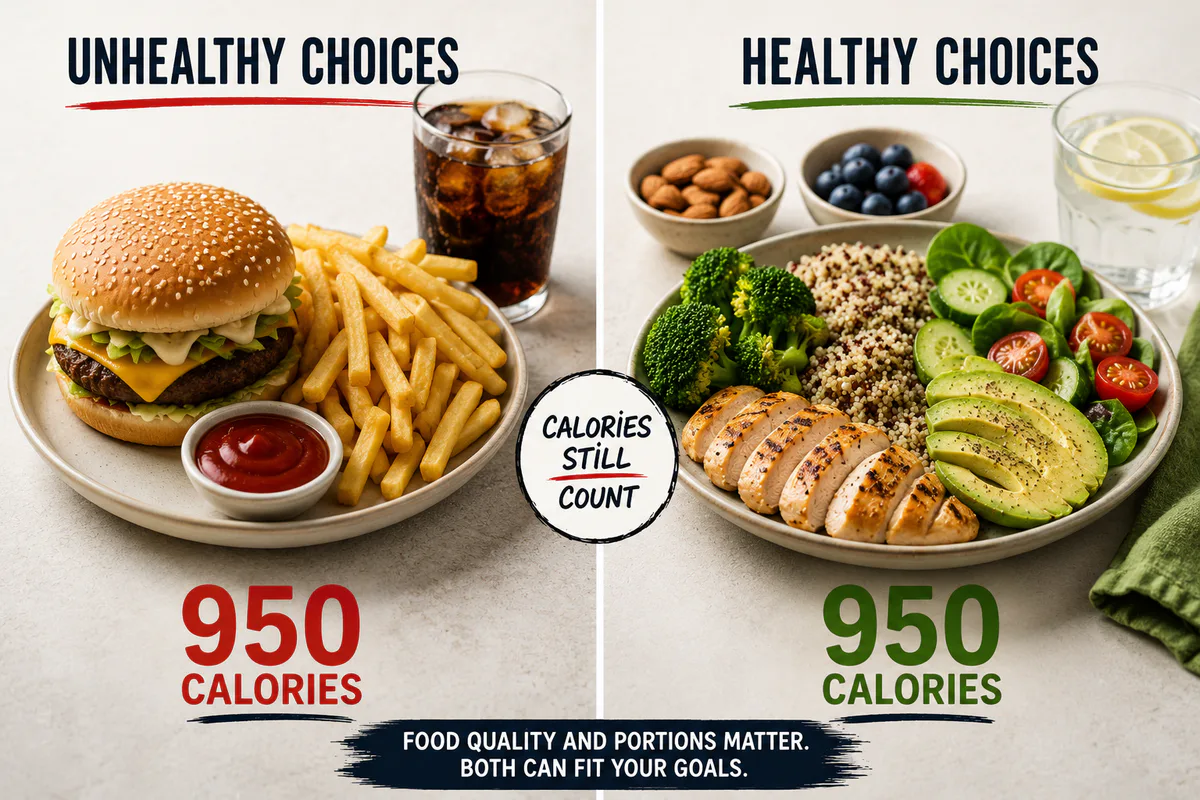 Comparison of unhealthy and healthy choices showing that calories still count