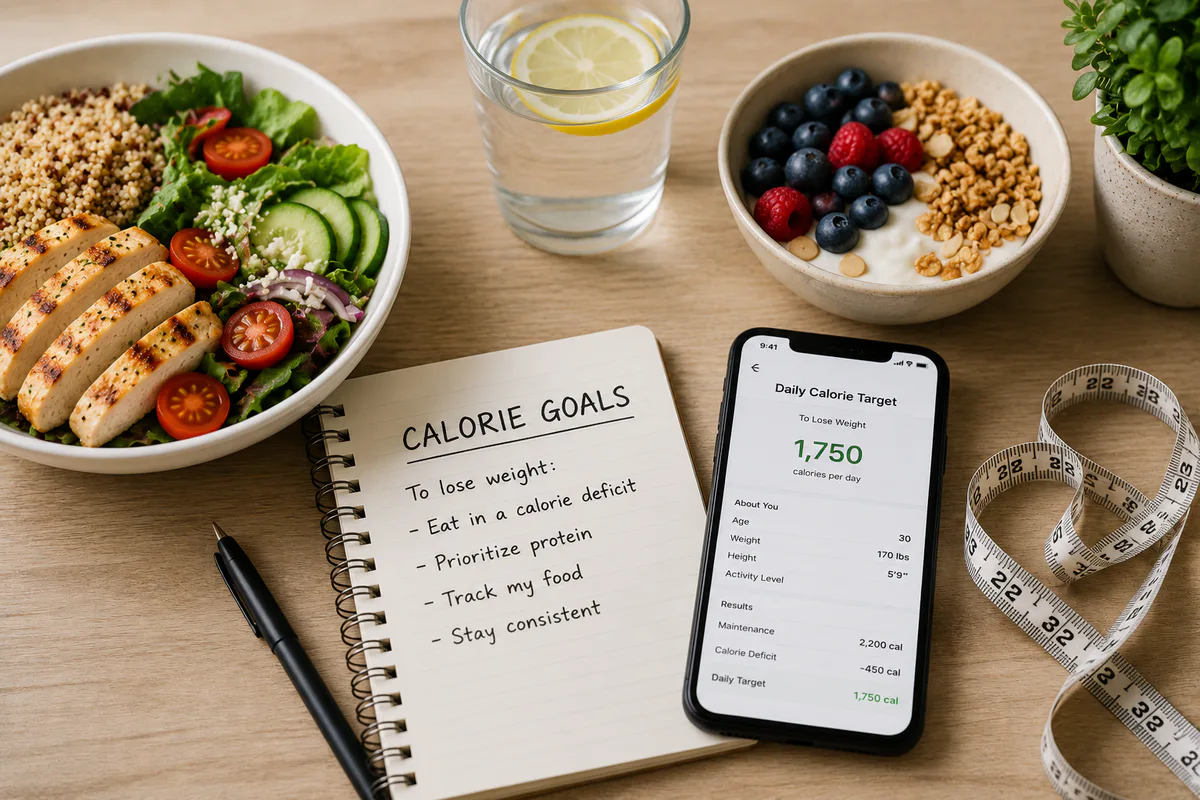 Logbook product visual showing calorie tracking and daily targets