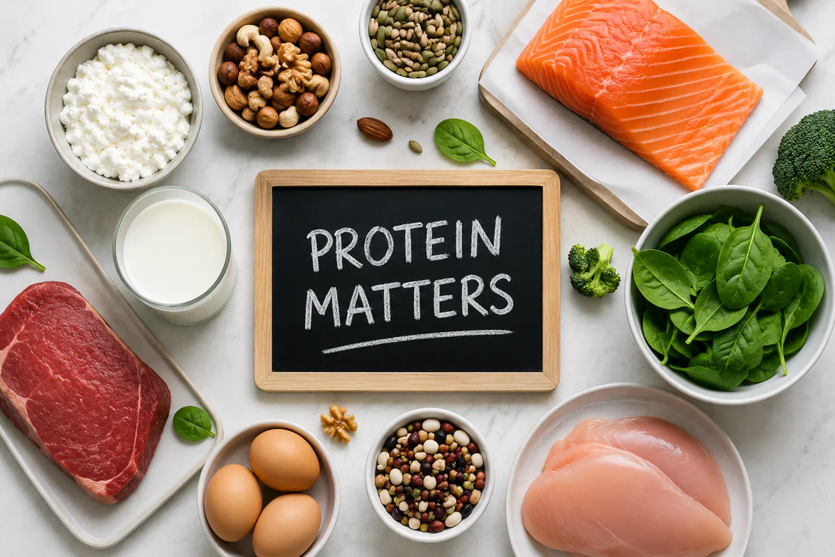 Protein-rich foods surrounding a chalkboard that says protein matters