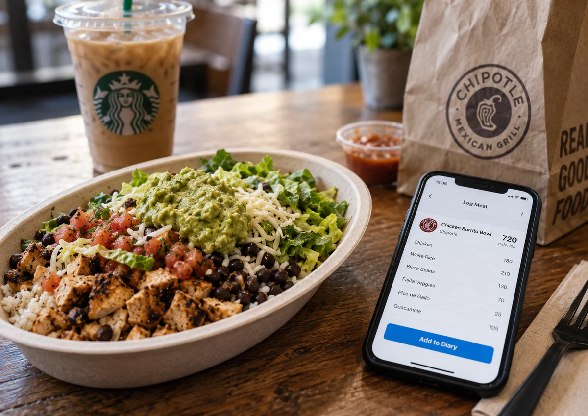 A burrito bowl and iced coffee beside a phone displaying a restaurant meal calorie log