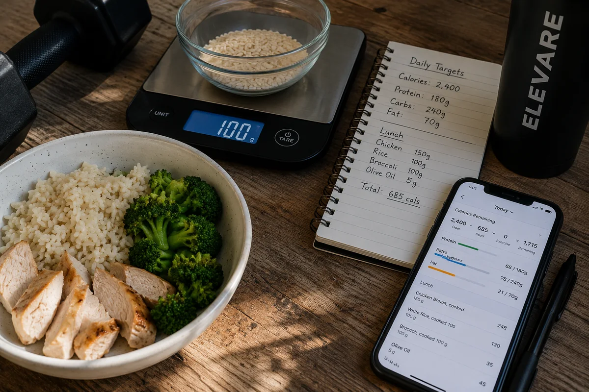 Chicken, rice, and broccoli being weighed and logged for calorie tracking