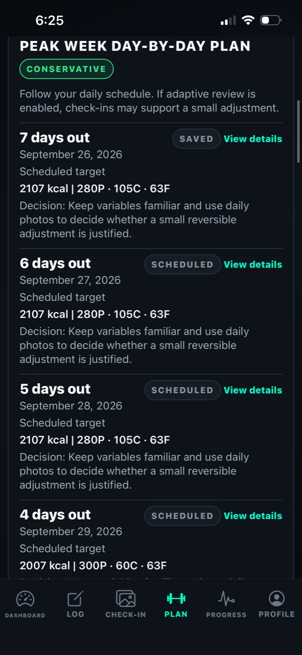 StageLab peak-week day-by-day plan shown in the English app interface