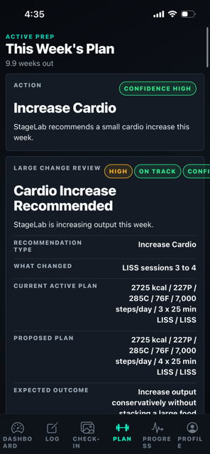 StageLab recommendation screenshot at 10 weeks out