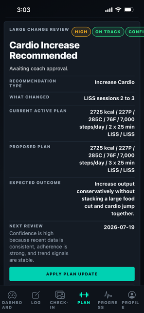 StageLab product visual showing a cardio increase recommendation screen