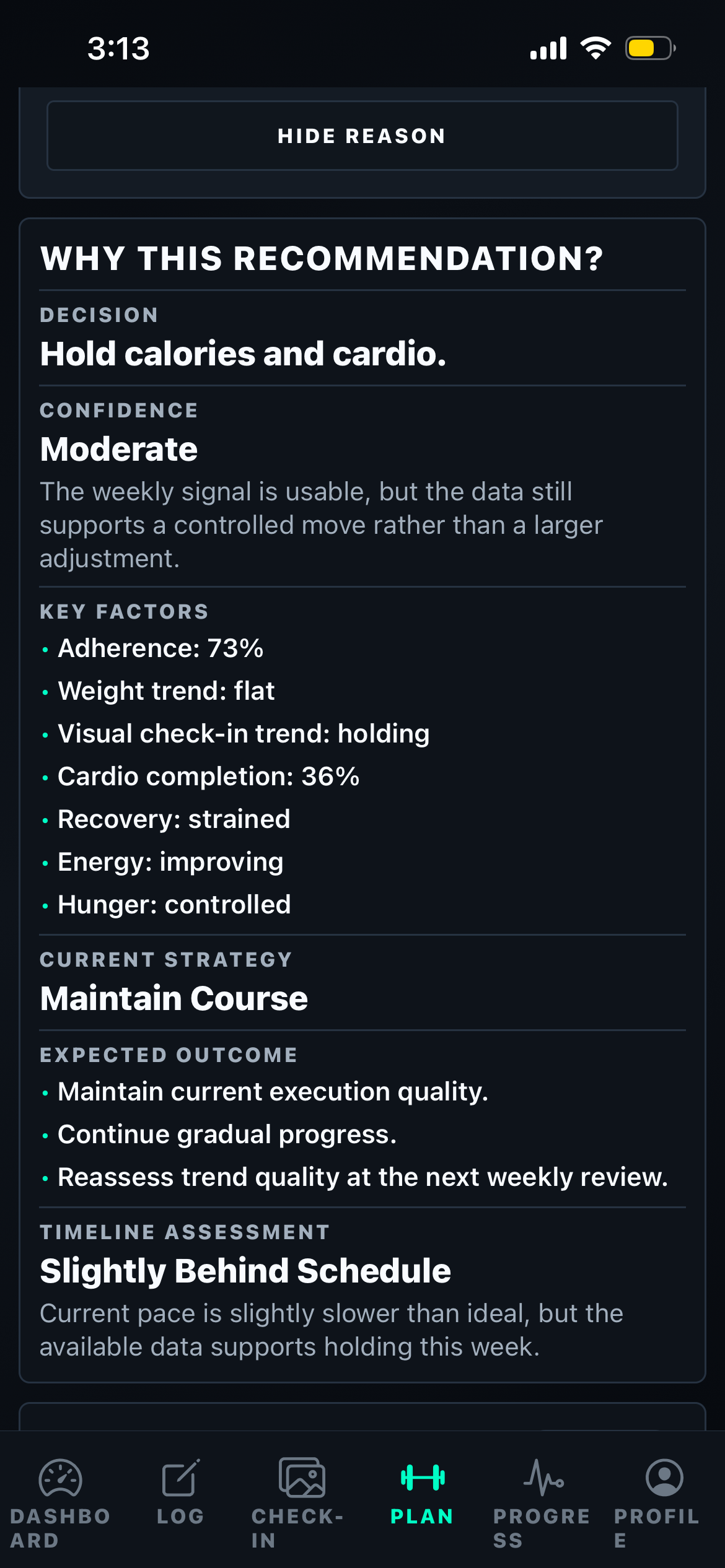 StageLab recommendation screenshot at 14 weeks out