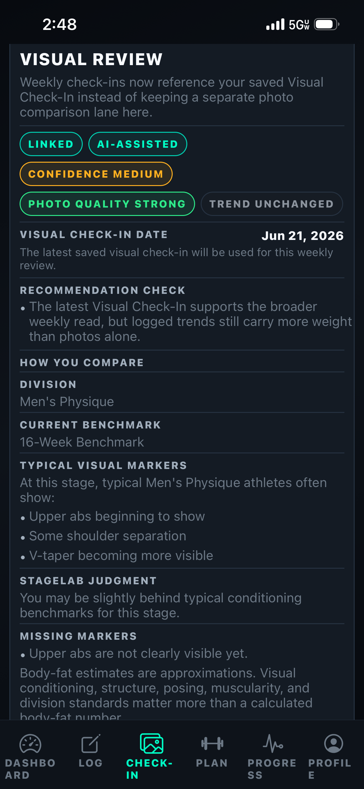 StageLab recommendation screenshot at 15 weeks out