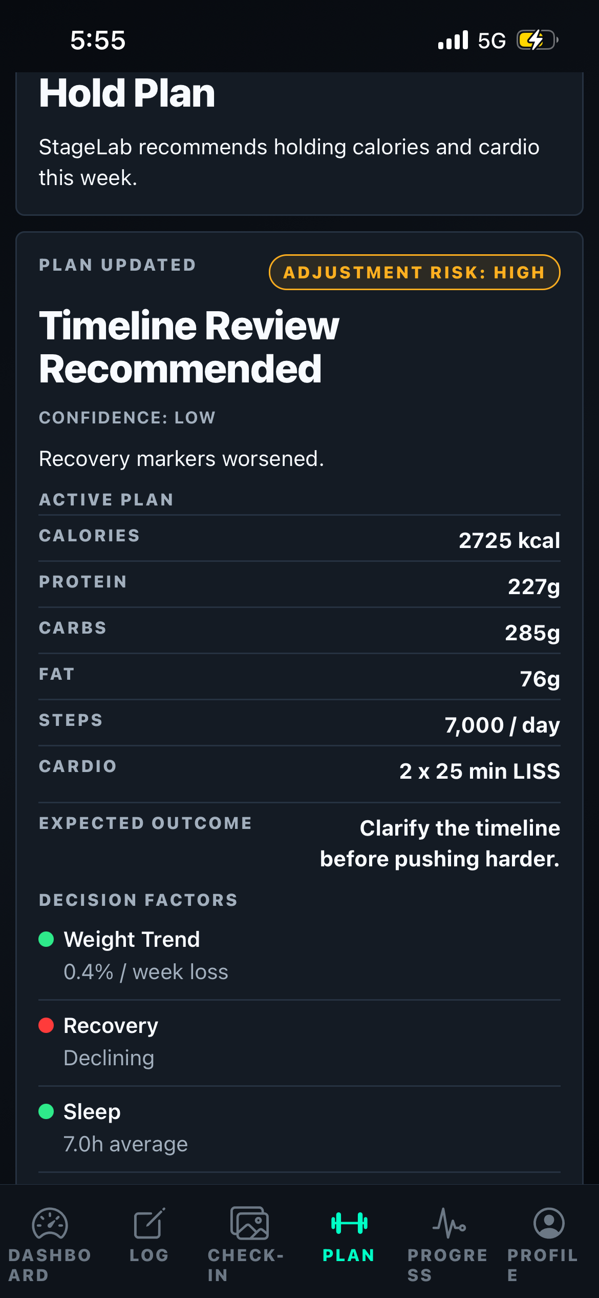 StageLab recommendation screenshot at 16 weeks out