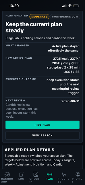 StageLab recommendation screenshot at 17 weeks out
