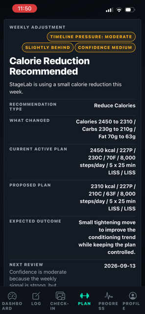 StageLab calorie reduction recommendation at 4 weeks out