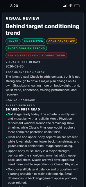StageLab visual check-in assessment at 5 weeks out