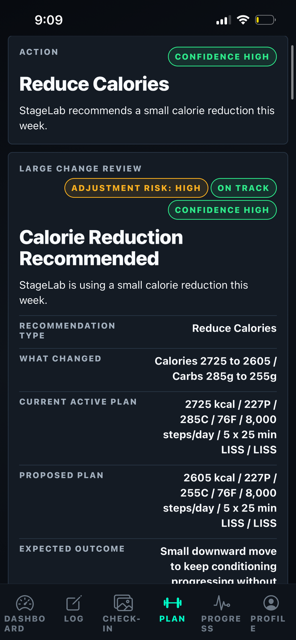 StageLab recommendation screenshot at 7 weeks out