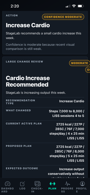 StageLab cardio increase recommendation screenshot at 8 weeks out