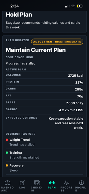 StageLab hold plan recommendation screenshot at 9 weeks out