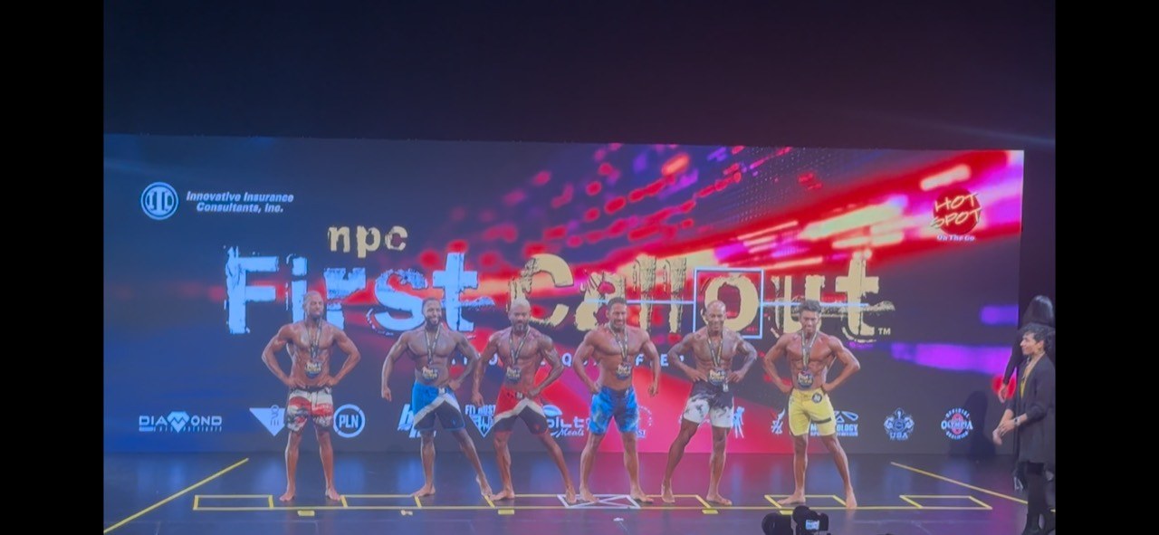 Men's Physique class awards lineup at the NPC First Call Outs competition