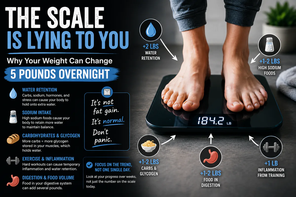 Scale graphic explaining why body weight can change overnight from water, sodium, carbs, digestion, and training