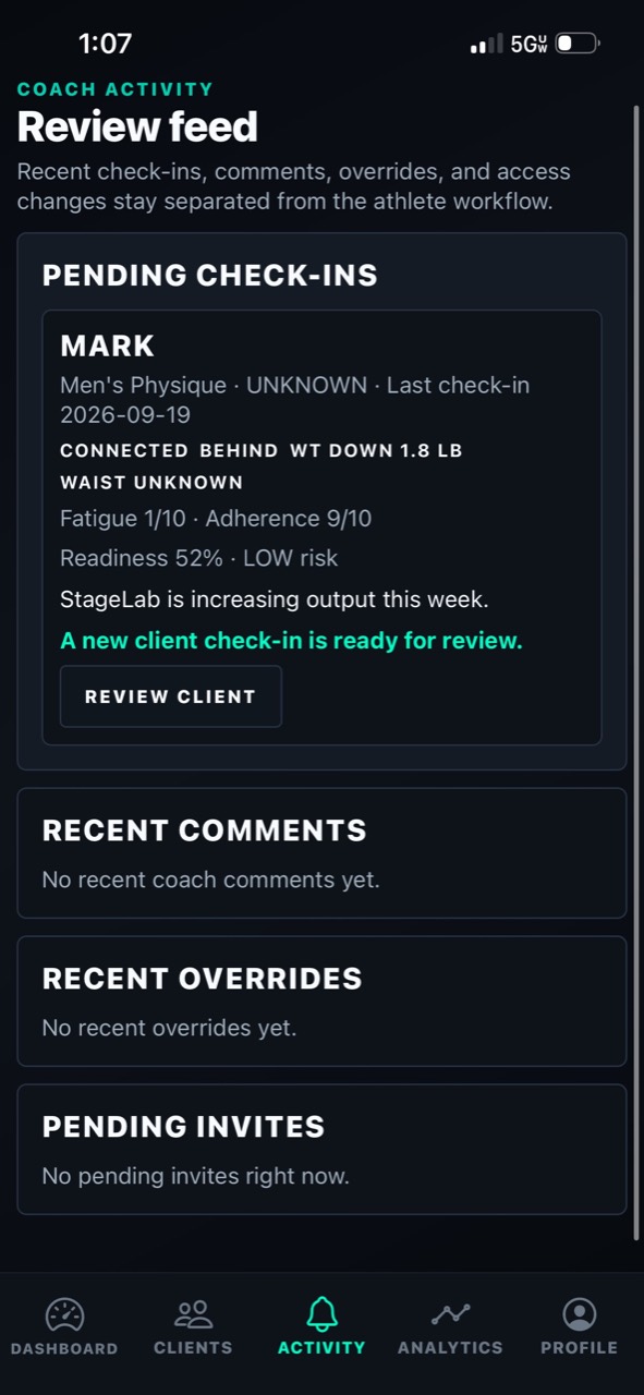 StageLab Coach Pro activity screen showing pending check-ins