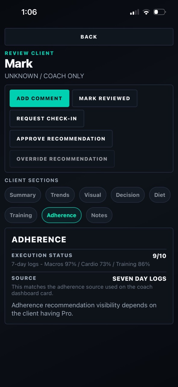 StageLab Coach Pro client adherence screen