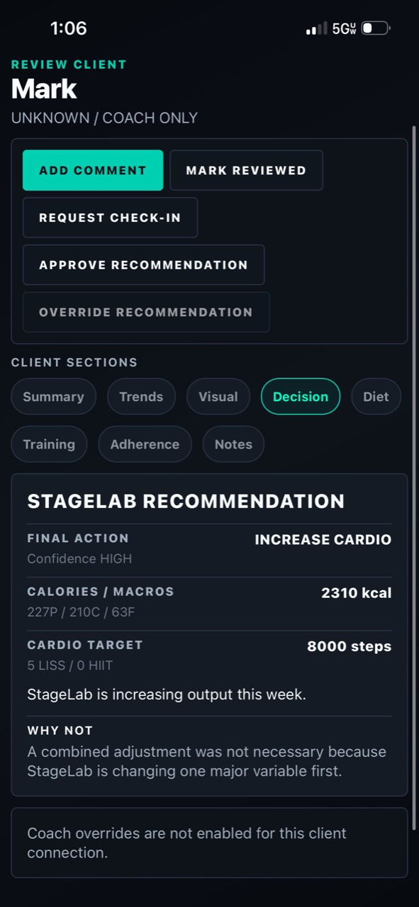 StageLab Coach Pro client review screen showing a StageLab recommendation