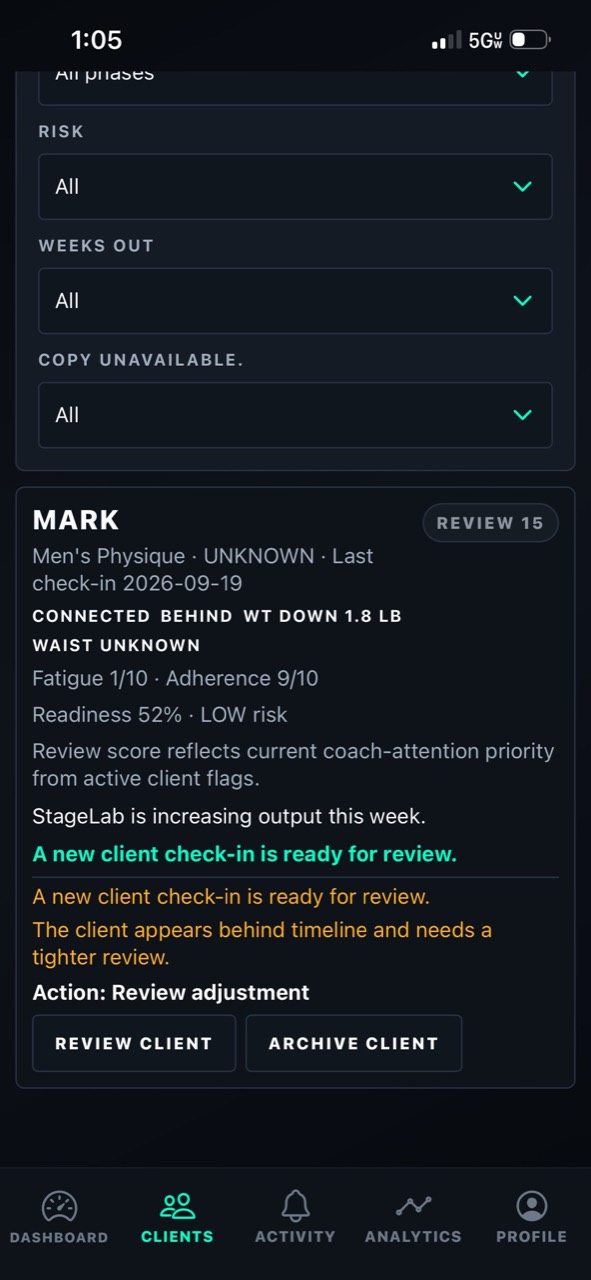 StageLab Coach Pro clients screen showing a client risk queue