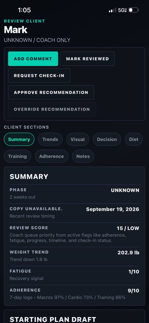 StageLab Coach Pro client summary screen showing progress signals