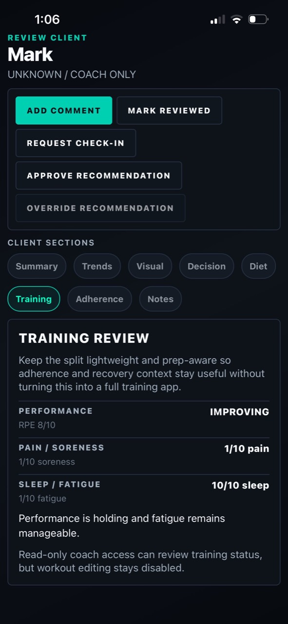 StageLab Coach Pro client review screen showing training status
