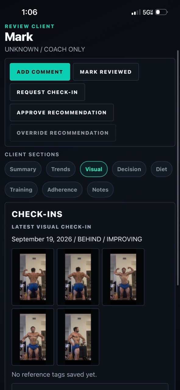 StageLab Coach Pro client visual check-in screen