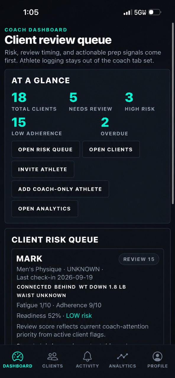StageLab Coach Pro dashboard showing a client review queue in the English interface