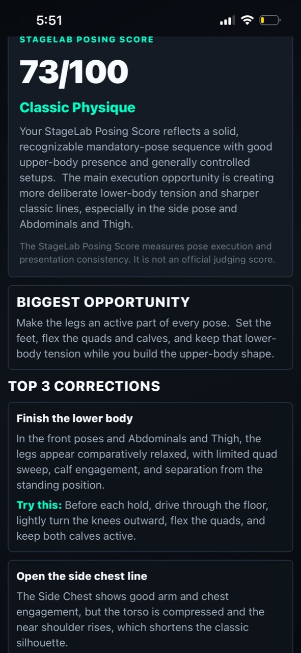StageLab posing analysis example with a lower-body correction and a specific practice cue