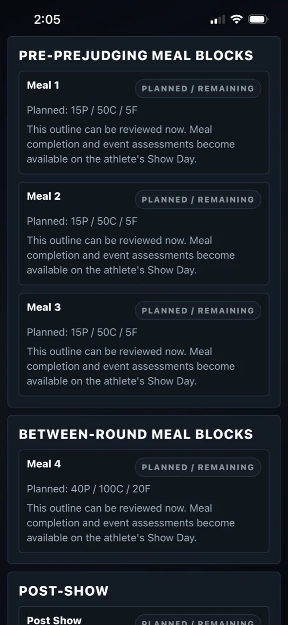 StageLab Show Day plan showing pre-judging, between-round, and post-show meal blocks in the English interface